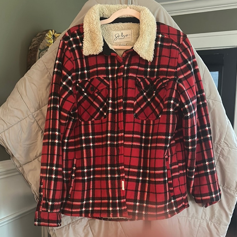 Soho Red and Black Plaid Jacket with Cream Collar